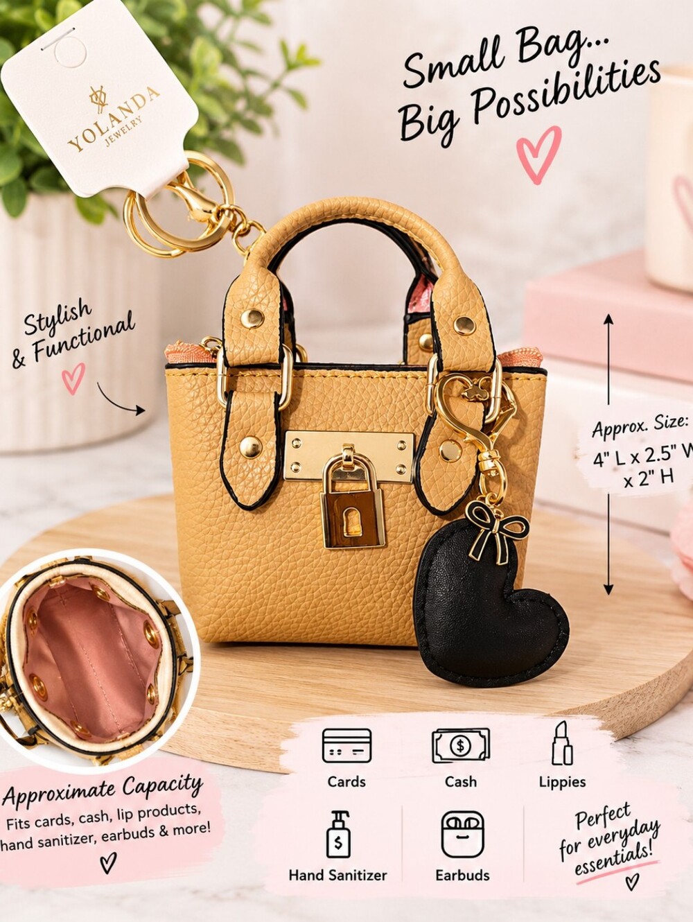 Mini Handbag Keychain – Tan with Black Heart Charm 🖤